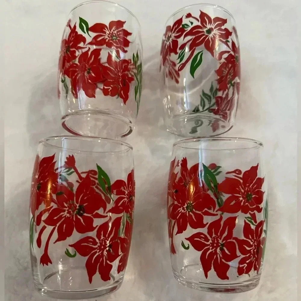 Vintage Pointsetta Christmas Juice Glass Set of Five Holiday Glasses Party EUC
